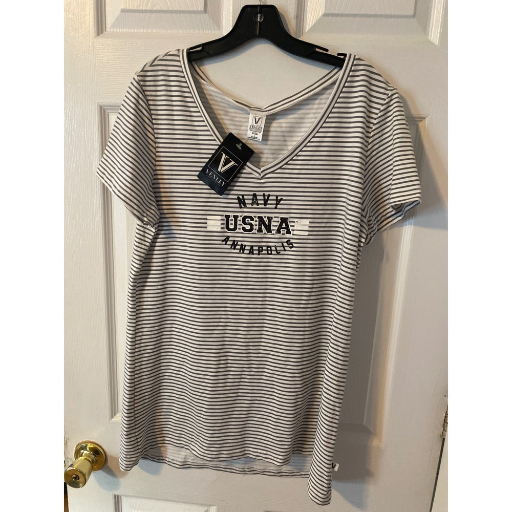 Venley Navy USNA Annapolis Striped V-Neck T-Shirt Womens Large‎ NWT Made in USA